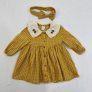 LC Waikiki Gingham Dress Set Baby Girl 9-12M Yellow Embroidered Cottagecore